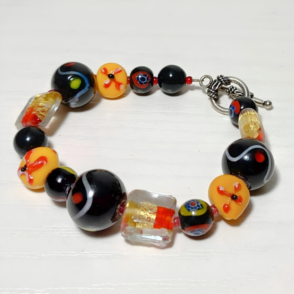 Vintage Sterling Silver Lampwork Glass Bead Bracelet Black Yellow Red